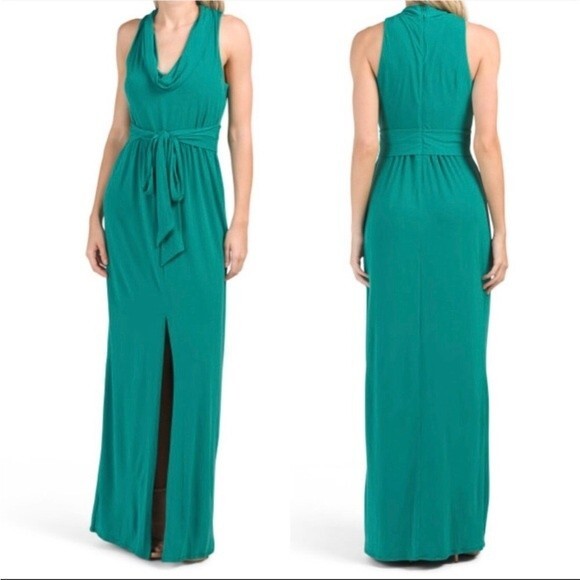 Halston Heritage Gown Column Maxi Dress Draped Cowl Neck Jersey Knit Green NWT S - Picture 2 of 8